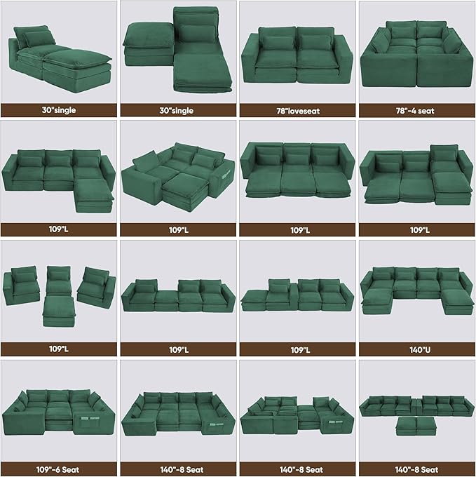 109 L Shape Modular Sectional Sofa with Ottoman Boneless Couch Three-Layer Deep 3 Seat Convertible Pull Out Sofa Bed Sleeper for Living Room No Assembly 109 L-Green