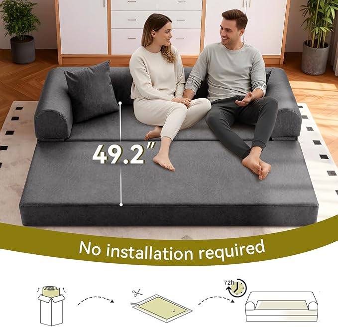 4-in-1 Folding Convertible Sofa Bed 78 Inch Faux Leather Boneless Couch Loveseat Sleeper with Pull Out Bed Floor Sofa Modular Futon Teddy Sofa for Living Room Bedroom Lounge Gray
