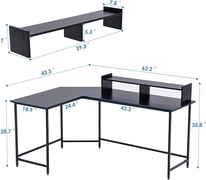 ivinta L Shaped Gaming Desk Modern Reversible Corner Computer Desk with Monitor Stand for Small Spaces Living Room Bedroom Home Office 6404 (Black)