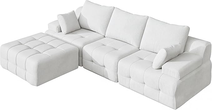 110 Cloud Sectional Couches for Living RoomModern Convertible L-Shape Couch with Ottoman 3 Seater Chenille Fabric Comfy Cloud Couches with Movable Ottoman White