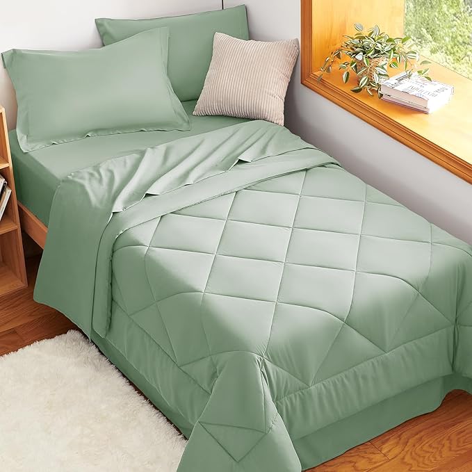 CozyLux Twin XL Comforter Set Sage Green - 5 Pieces Twin Extra Long Bed in a Bag for College Dorm All Season Bedding Set for Girls and Boys Soft Bed Set with Comforter Sheets Pillowcase &amp Sham