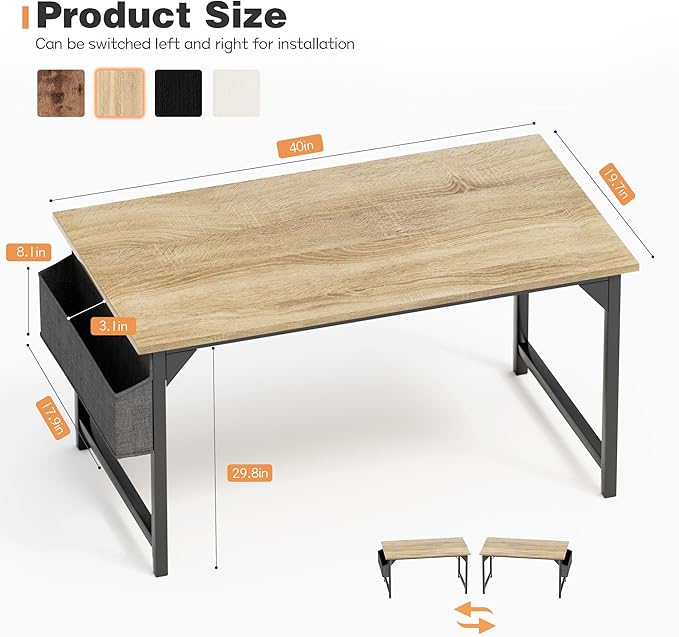 Shahoo Office Computer Desk 40 Inch Student Home Table for Writing Work with Headphone Hook and Storage Bag Light Oak