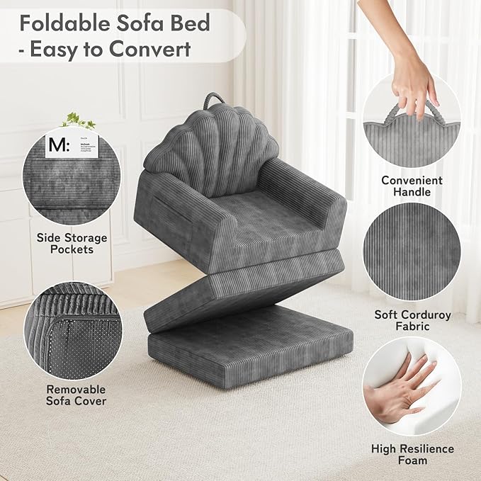 Folding Sofa Bed with Back Support 2-in-1 Convertible Futon Sleeper Chair for Adult 75 D x 34 W Fold Out Bean Bag Floor Foam Lounger Couch for Living Room Bedroom Small Space Grey