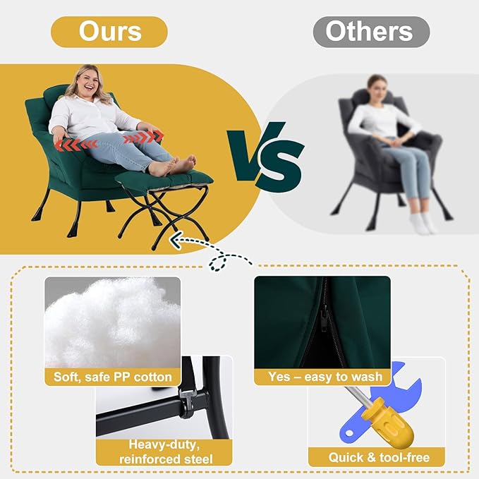 Lazy Chair with Ottoman Large Accent Chair with Ottoman and a Throw Pillow Dark Green Reading Chair for Living Room Bedroom Dorm Room Office Apartment Relaxing Use