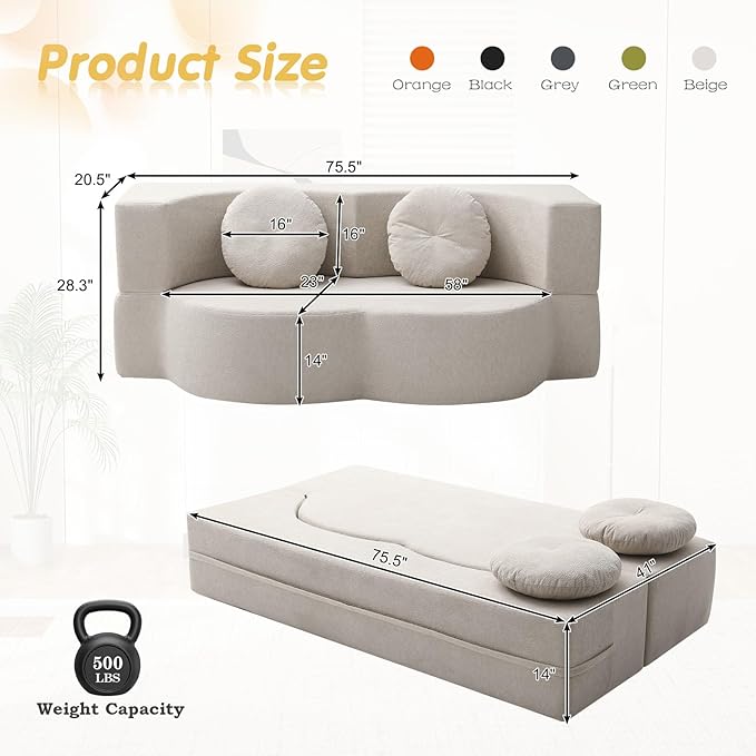 Folding Futon Sofa Bed Modern Convertible Fold Out Chenille Cloud Memory Foam Boneless Floor Lounge Loveseat Sleeper Mattress Sofa Couch with 2 Pillows for Guest Room Living Room Office Beige