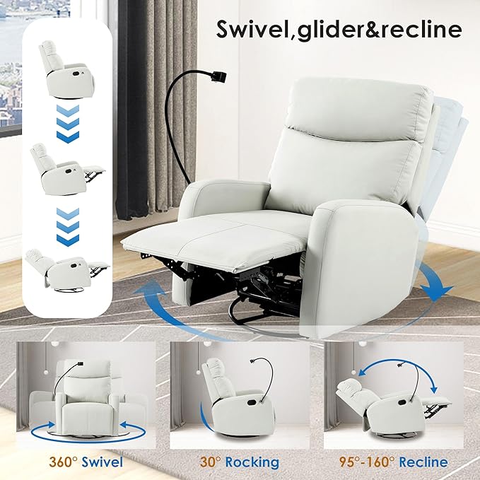 Swivel Rocker ReclinerNursery Glider ReclinerUpholstered Rocking Recliner Chair with Phone Holder PU Rocking Reclining Sofa for Living Room Gray (360°Swivel)