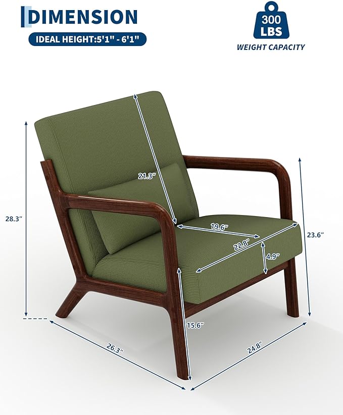 Garvee Mid-Century Modern Accent Chair Fine Wale Corduroy Upholstery Solid Wood Armchair with Removable Lumbar Pillow Sturdy Reading Chair for Living Room Bedroom Guest Room Easy Assembly Green
