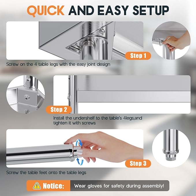 Jocisland 30 x 48 Stainless Steel Table for Prep &amp Work NSF Certified with Adjustable Under Shelf and Feet for Commercial Kitchen Restaurant Hotel Garage