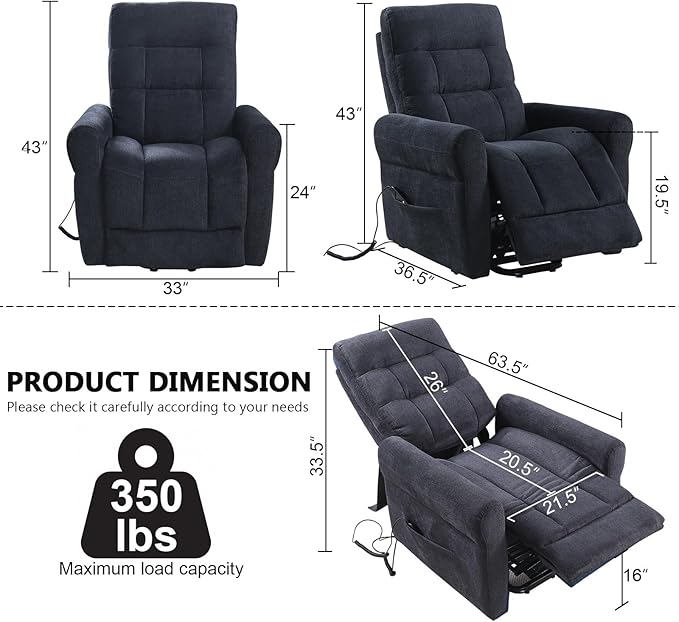 Power Lift Recliner Chair Electric Power Lift Recliner Chair for Elderly Single Seat Chenille Reclining Sofa with Side Pocket for Bedroom Living Room Office (Black)