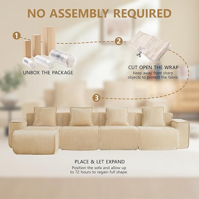 KEIKI 4Seat Modular Boneless Velvet Sofa Couch for Casual Home Bedroom Studio Style Conscious Homeowners Luxurious Elegant Sophisticated Refined Design Stylish Design Light Camel