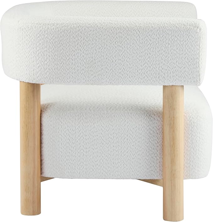Christopher Knight Home Carly Low Profile Accent Chair Round Backrest Side Chair Living Room Armchair with Boucle Fabric Cushion Comfy Reading Chair for Bedroom Wooden Single Lounge Sofa White