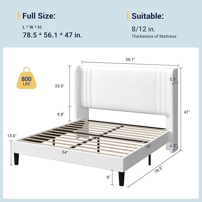 Allewie Full Size Velvet Platform Bed Frame with Vertical Tufted Wingback Headboard Easy Assembly Under Bed Storage No Box Spring Required Modern Style White