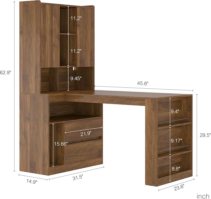 L Shaped Desk Computer Desk with Drawers Bookshelf LED Light Modern Corner Desk Home Office Desk L-Shaped Study Table Writing Desk Corner Gaming Computer Desk with Storage (Wood-D)