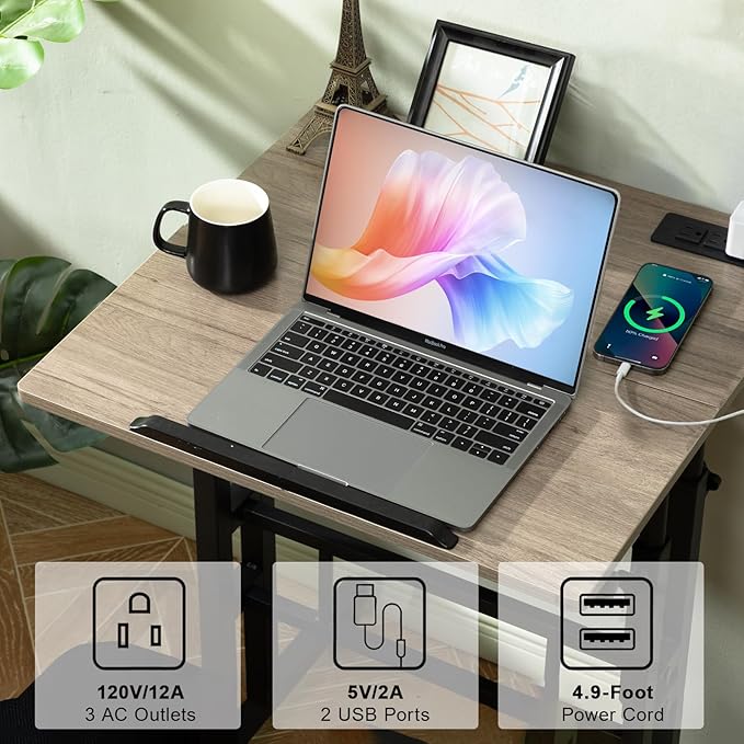 Hadulcet Mobile Standing Desk with Charging Station Adjustable Standing Computer Desk Standing Adjustable Laptop Cart with Wheels for Home Office Classroom Light Grey