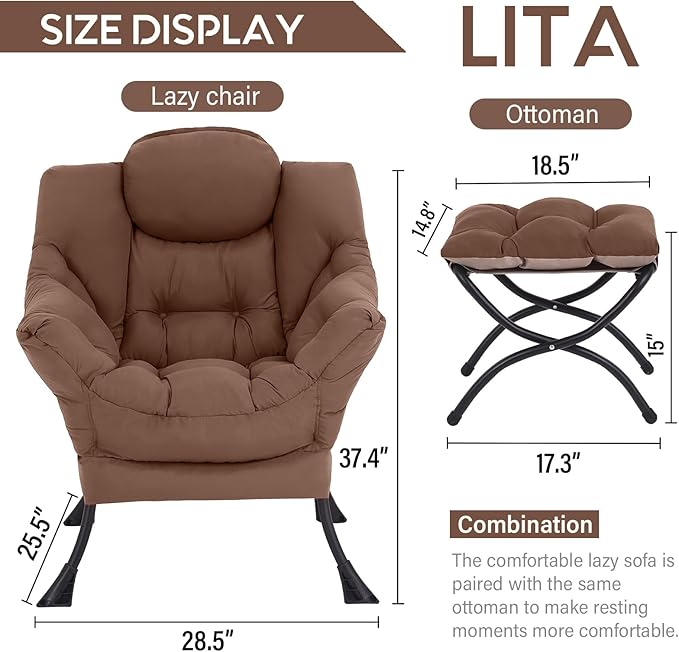 LITA Lazy Chair with Ottoman Modern Accent Leisure Upholstered Sofa Chair Contemporary Lounge Reading Chairs with Armrests and a Side Pocket for Living Room Bedroom &amp Small Space Dark Brown