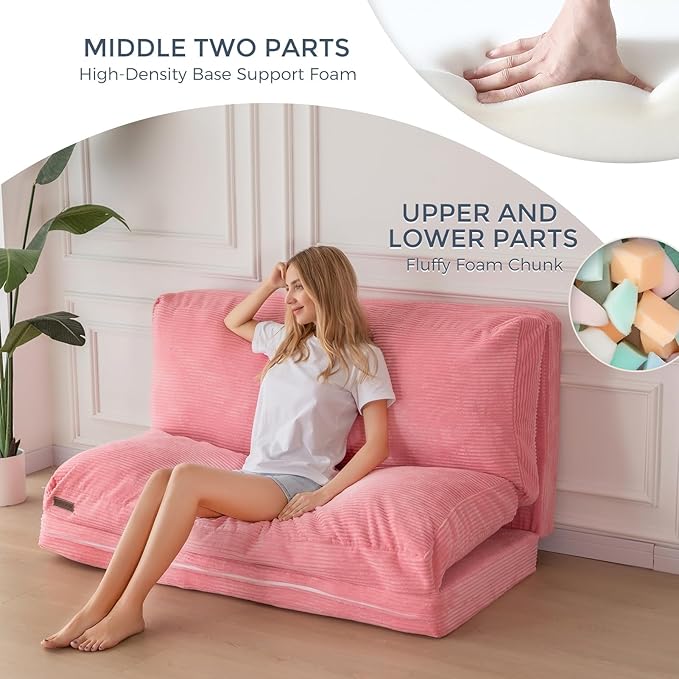 MAXYOYO Folding Sofa Bed Extra Thick and Long Floor Sofa Convertible Sleeper Chair with Washable Cover Floor Couch Lounge Bean Bag Bed for Living Room Pink 54x95 Inch