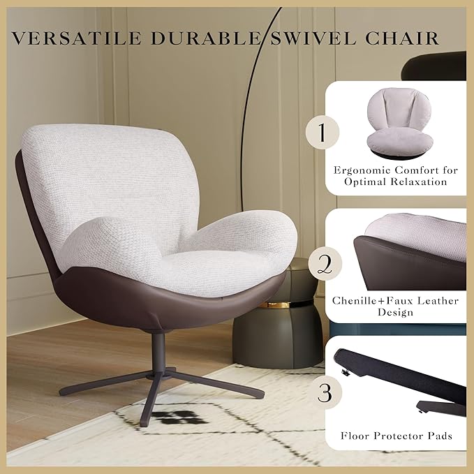 360° Swivel Office Chair Modern Chenille Chair with Faux Leather and Black Metal Base e No Wheels Accent Chair for Small Spaces Living Room Bedroom Reading Corner Office (White)