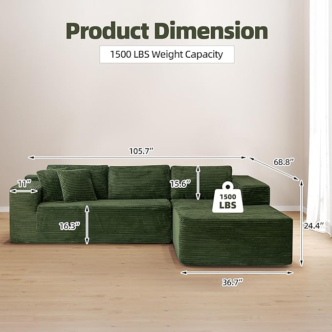 HOMREST 106 Modular Cloud Sectional Sofa with Deep Seats &amp Chaise No-Assembly L-Shape Couch for Living Room Plush Corduroy Fabric Green Oversized Comfortable Seating