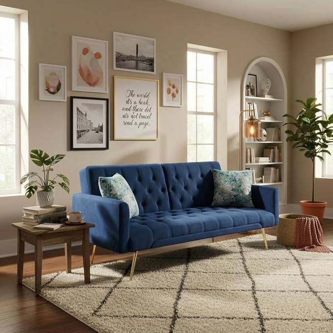 Futon Sofa Bed Convertible Futon Couch with Adjustable Backrest 68.31” Folding Sofa Bed with 2 Pillows &amp Metal Legs Sleeper Loveseat with Armrest for Home Office Blue