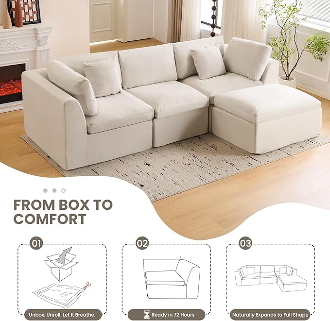 U Shape Modular Sectional Sofa 4 Seater Modular Couch with Ottomans Fully Compressed Boneless Modular Sofa for Living Room (Warm White)