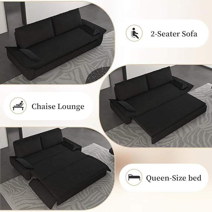 Rovibek 73 Pull Out Couch Queen Size 3 in 1 Convertible Sleeper Sofa Bed Velvet Convertible Sofa Bed Futon Loveseat Sleeper for Living Room Apartment Black