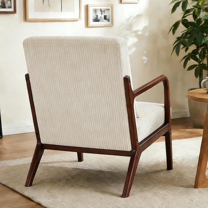 Mid Century Modern Accent Chair Upholstered Corduroy Armchair with Lumbar Pillow Solid Rubberwood Frame for Living Room Bedroom Waiting Room White