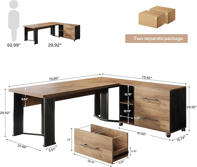 Tribesigns 70.86 Executive Desk with Mobile File Cabinet Large L Shaped Computer Office Desk with 2 Drawers and Storage Shelves Business Furniture Desk Workstation for Home Office (Light Brown)