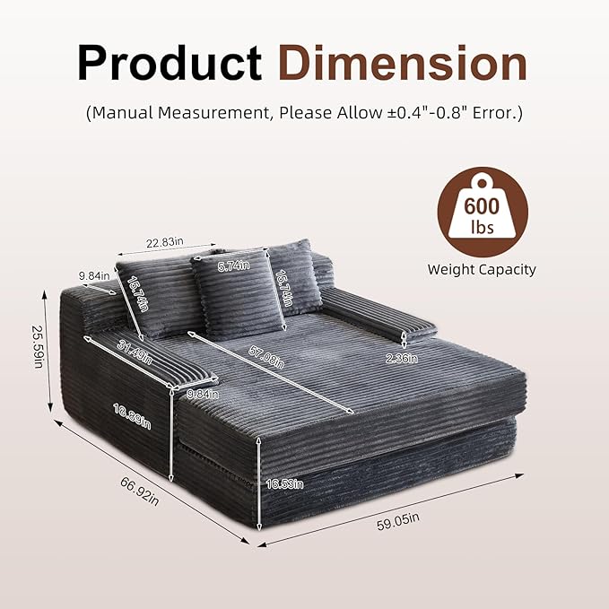 67'' Chaise Lounge Chair Indoor Oversized Upholstered Sofa Bed Modern Deep Seat Sofa Comfy Corduroy Sleeper Couch for LivingroomBedroomNo Assembly (Grey)