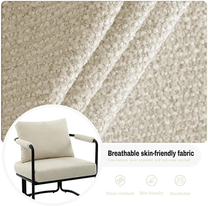 Accent Chairs Set of 2 for Living Room Mid Century Modern Upholstered Reading Armchairs for Bedroom Office with Comfy Chenille Cushion &amp Metal Frame Beige Cream