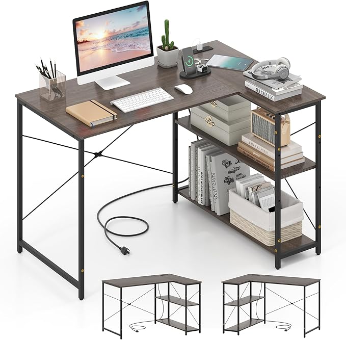 Tangkula L-Shaped Computer Desk with Reversible Shelves 48 Inch Corner Computer Desk Modern Writing Study Desk Home Office Workstation Space Saving Design (48 Inch Gray)