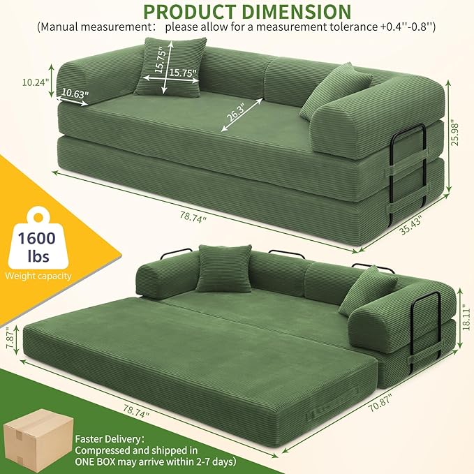 Convertible Sleeper Sofa Bed 1600lbs Weight Capacity Floor Sofa Bed with Fixed-Shape Frame Corduroy Foldable Couch for Small Space Lounge Mattress for Living Room Apartment Game Room (Dark Green)