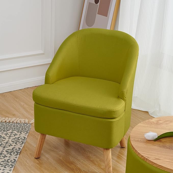 Cute Upholstered Accent Club Green Chair with Barrel Style Cotton Linen Like Fabric Round Single Sofa for Wooden Leg Living Room BedroomLarge