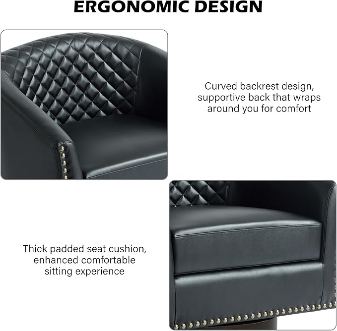 Swivel Barrel Accent Chair Comfy Modern Upholstered Round Faux Leather Arm Chair for Living Room Bedroom（Black Set of 4