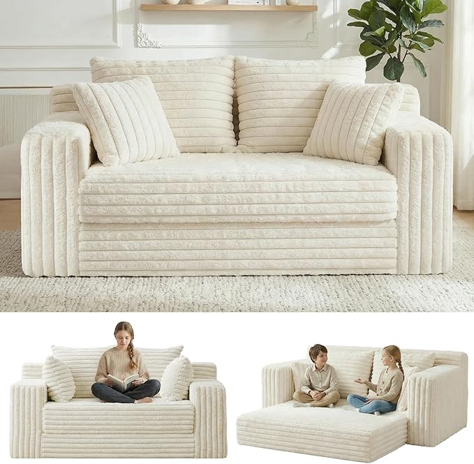 3-in-1 Convertible Sofa Bed: Boneless Loveseat Sleeper &amp Folding Couch Bed with 4 Pillows &amp Detachable CushionFurry Futon Couch for BedroomApartmentOffice and Living Room No AssemblyBeige