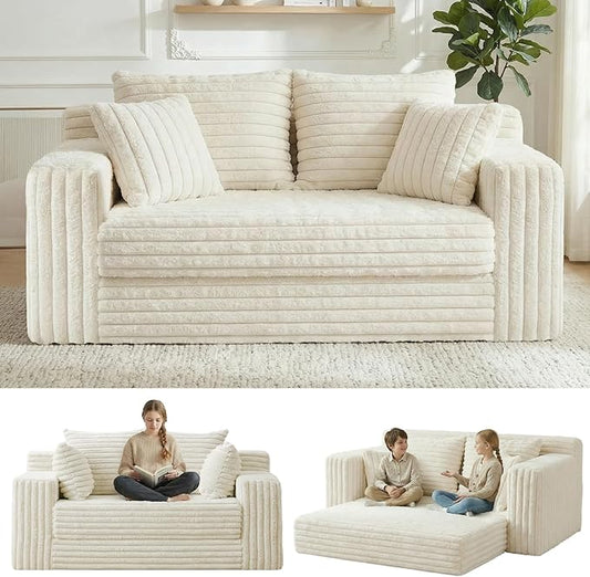 3-in-1 Convertible Sofa Bed: Boneless Loveseat Sleeper &amp Folding Couch Bed with 4 Pillows &amp Detachable CushionFurry Futon Couch for BedroomApartmentOffice and Living Room No AssemblyBeige
