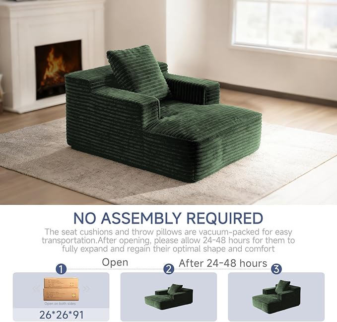 45'' Chaise Lounge Chair Indoor Corduroy Upholstered Boneless Sofa Bed Deep Seat Sleeper Couch Reading Chairs Small Comfy Cloud Sofas Couches for Living Room Bedroom Movie Room (Green)