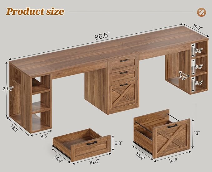 SEDETA Farmhouse 96.5 Computer Desk with Drawers 2 Person Home Office Desk Gaming Double Desk with Storage Shelves Long Two Person Writing Desk Brown