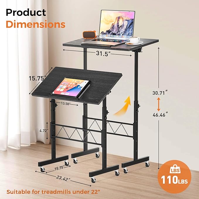 COMHOMA Small Standing Desk Adjustable Height &amp Tiltable Tabletop Mobile Stand Up Desk for Laptop Portable Computer Table for Home Office Work and Walking Pad Treadmill Height 30.7-46.4 Blac