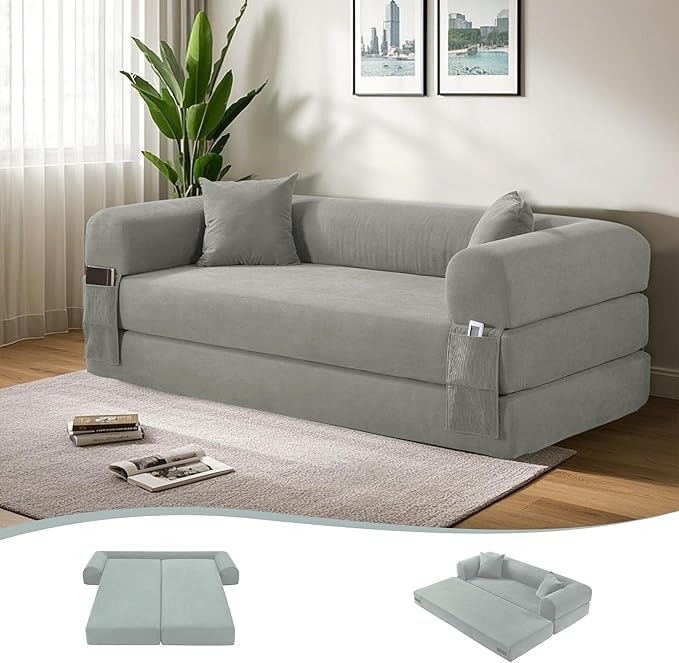 80 Convertible Sofa Bed No Assembly Modern Boneless Compression Sofa in Box 3-in-1 Corduroy Folding Pull Out Couch with Pillows Floor Couch with Side Storage Pocket for Living RoomLight Grey