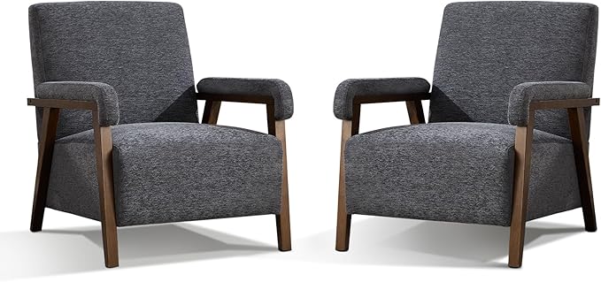 Mid Century Modern Accent Chair Upholstered Armchair with Thick Seat Cushion and Solid Wood Frame Thick and Comfy Innerspring Seat Cushion Short Plush Fabric Arm Chair for Living Room(2Dark Grey)