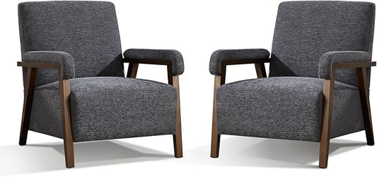 Mid Century Modern Accent Chair Upholstered Armchair with Thick Seat Cushion and Solid Wood Frame Thick and Comfy Innerspring Seat Cushion Short Plush Fabric Arm Chair for Living Room(2Dark Grey)