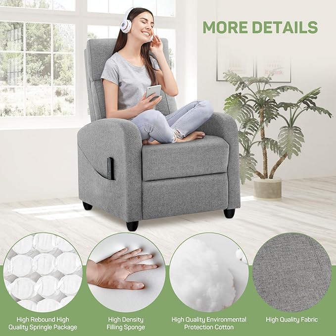 Recliner Chair with Massage and Lumbar Support Small Fabric Home Theater Seating Adjustable Modern Reclining Chair for Adults in Living Room