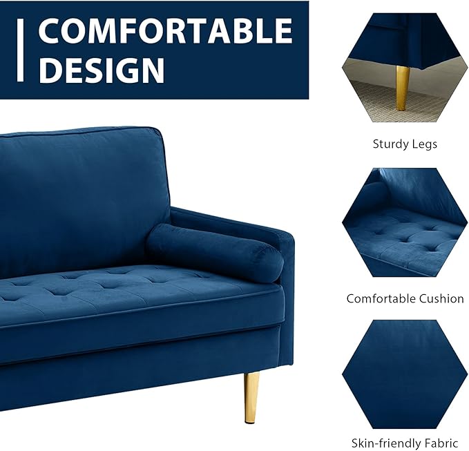 66.9“ Loveseat SofaModern Velvet Small CouchButton Tufted Upholstered Furnituremini CouchSmall loveseat with 2 PillowsSuitable for Living Room Bedroom Apartment. (Blue)