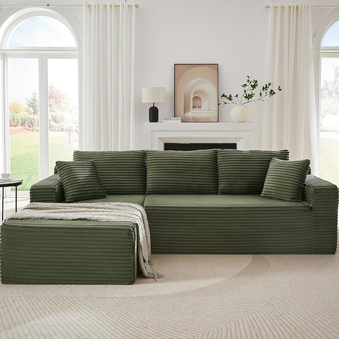 Boneless Couch for Living Room 104 Inch Cloud sectional Couch with Deep Seat Corduroy Modular Sectional Sofa with L-Shape Chaise No Assembly Required (Green Left Facing Chaise)