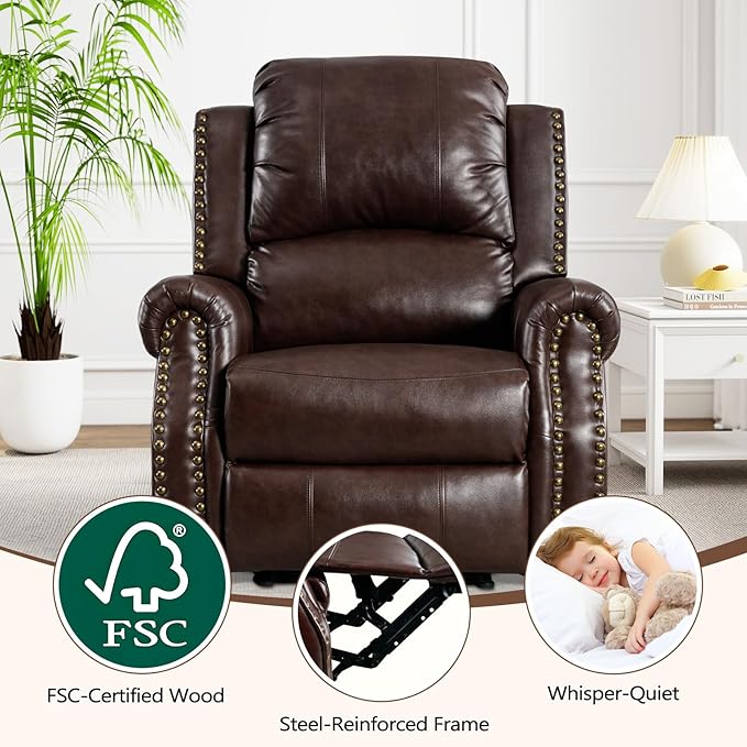 ANJ Large Power Recliner Chair with Heat and Massage Faux Leather Electric Overstuffed Wide Recliners for Living Room Classic Single Seat Sofa with Brass Rivets USB Port (Brown)