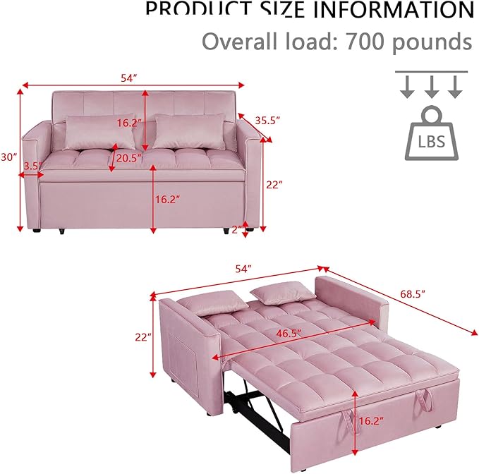 54 Convertible Sofa Bed Velvet Sleeper Sofa with Pull-Out Bed 3-in-1 Futon Couch with Reclining Backrest and Side Pocket Modern Loveseat for Living Room (Pink)