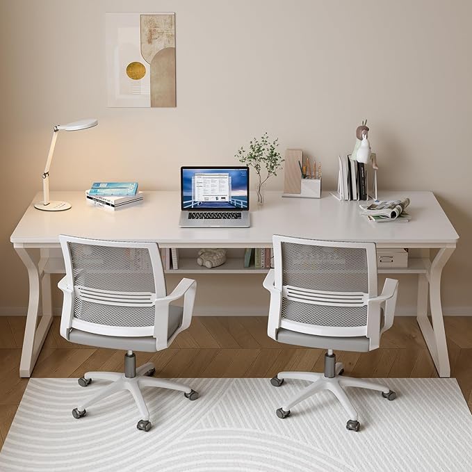 Extra Long Desk with Bookshelf - 71 Double Long Writing Table for 2-Person Workstation Modern Study Work Computer Desk for Home and Office Warm White