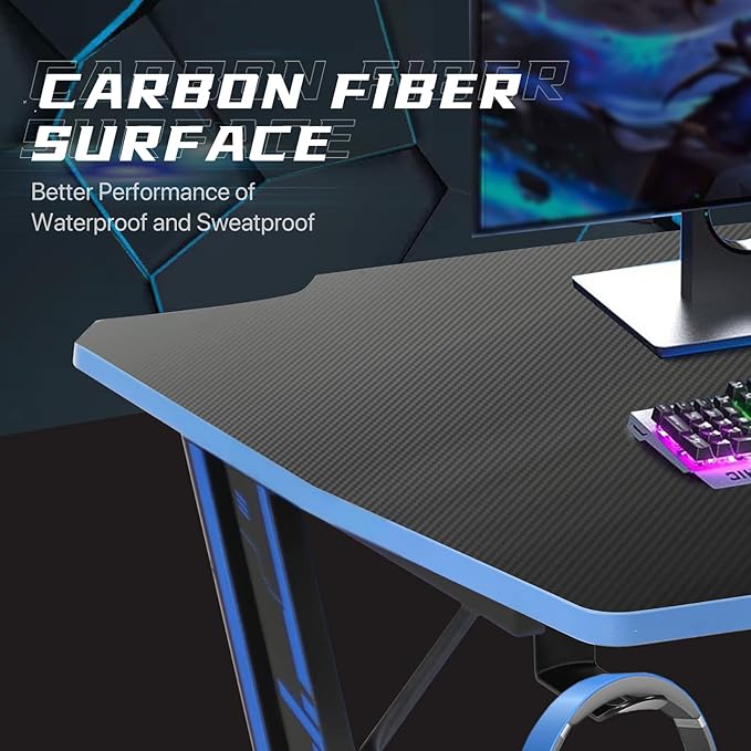 HKLGorg Gaming Desk Computer Desk Z Shaped Gaming Table Writing Modern Ergonomic Racing Style Home Office Table Workstation Carbon Fiber Headphone Hook for Men Boyfriend Female Gift (Blue 39)