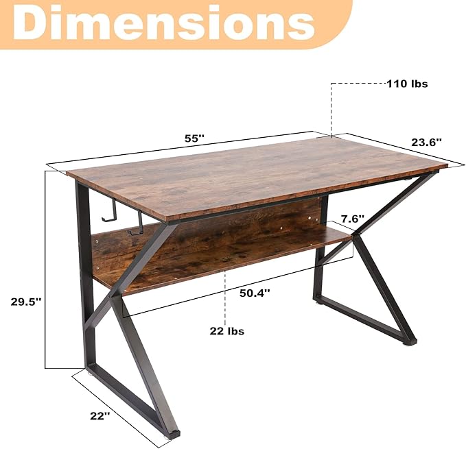 Computer Desk Office Desk PC Table 47 ”- Industrial Rustic Wood Grain with Storage Shelf with 4 Hooks Metal Frame Foot Pad 110lbs Home Reading Study Writing for Bedroom …