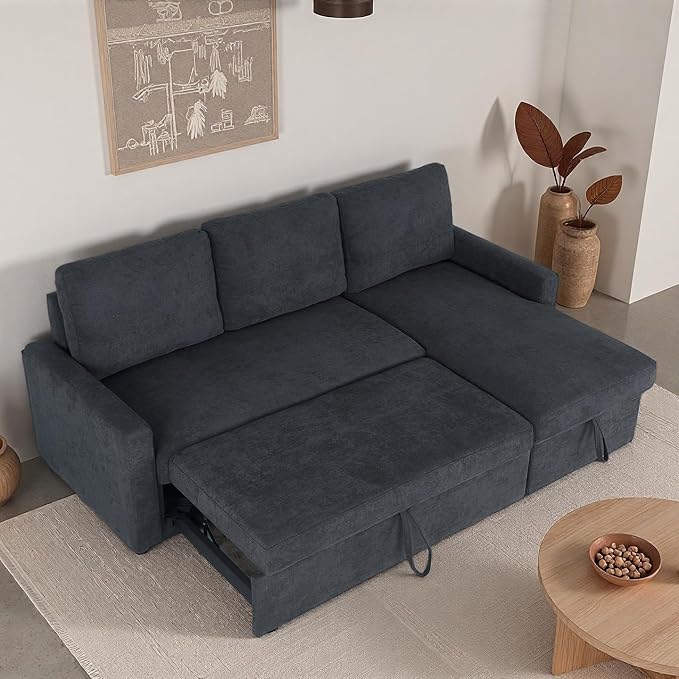 Sleeper Sofa Couch with Pull Out Bed L Shaped Couch Bed with Storage Sectional Sleep Couches Convertible Sleeper Sofa Beds W/Reversible Chaise&ampBack Cushion for Living Room Black
